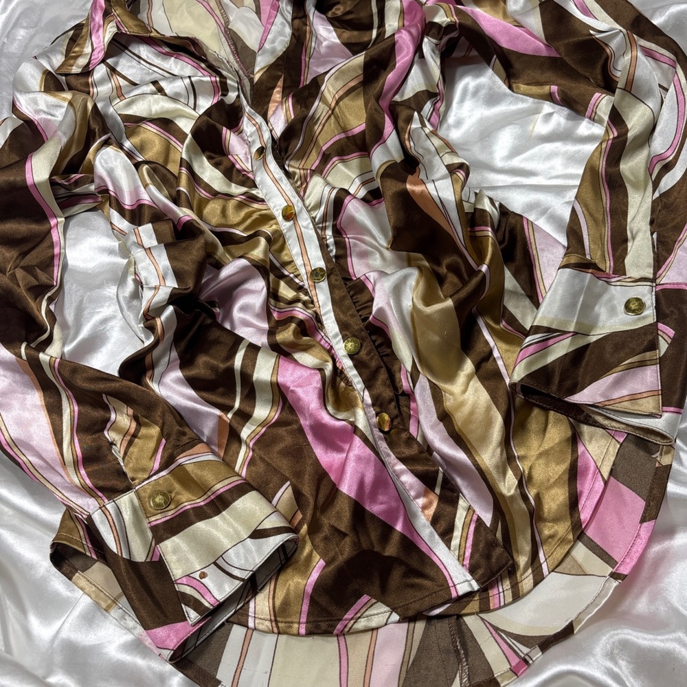 y2k Cache Blouse Brown Pink Good Psychedelic Swirl Ruched Satin Button Down Top - Picture 2 of 8